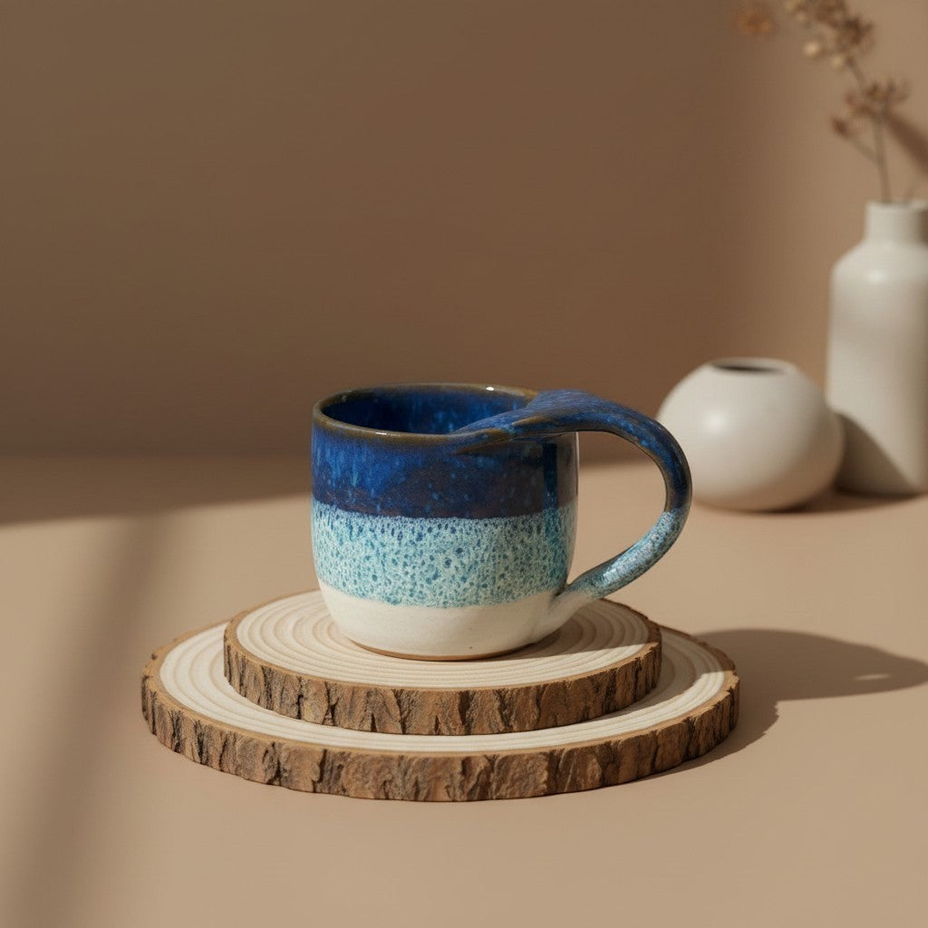 Eternal Pottery textured ocean mermaid mug with handle, rustic glaze, perfect for coffee or tea resting on double-layered wooden coaster.