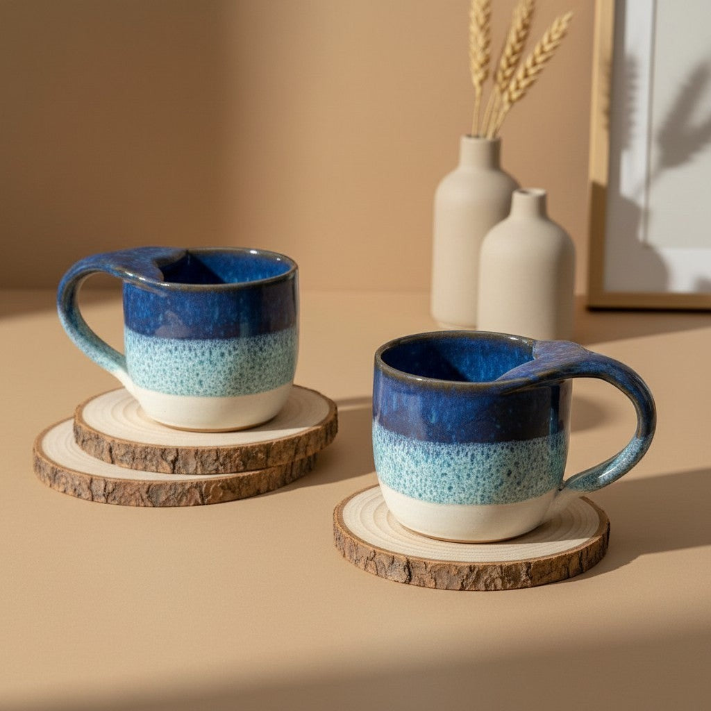 Two textured ocean mermaid mugs with handles resting on wooden coasters, rustic design. Eternal Pottery.