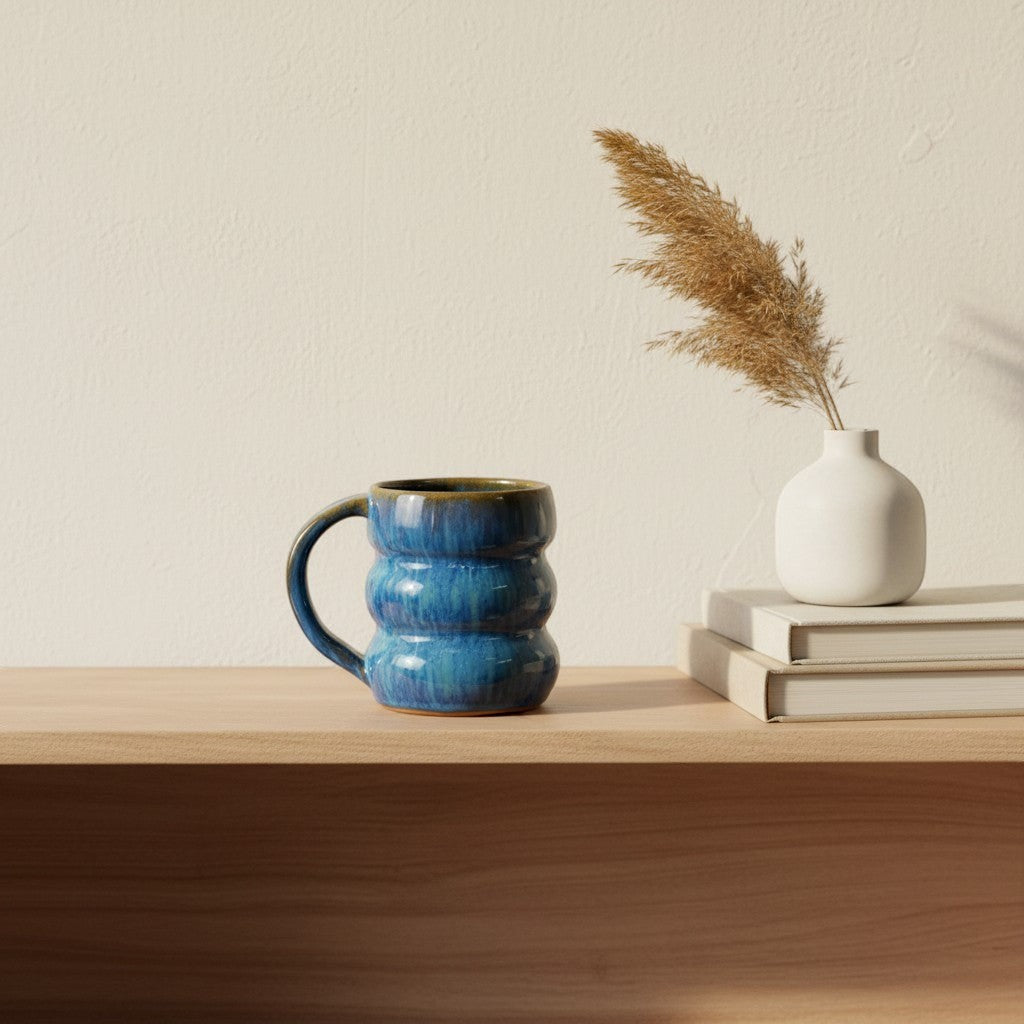 Eternal Pottery textured ocean triple bubble mug with handle on a wooden shelf.