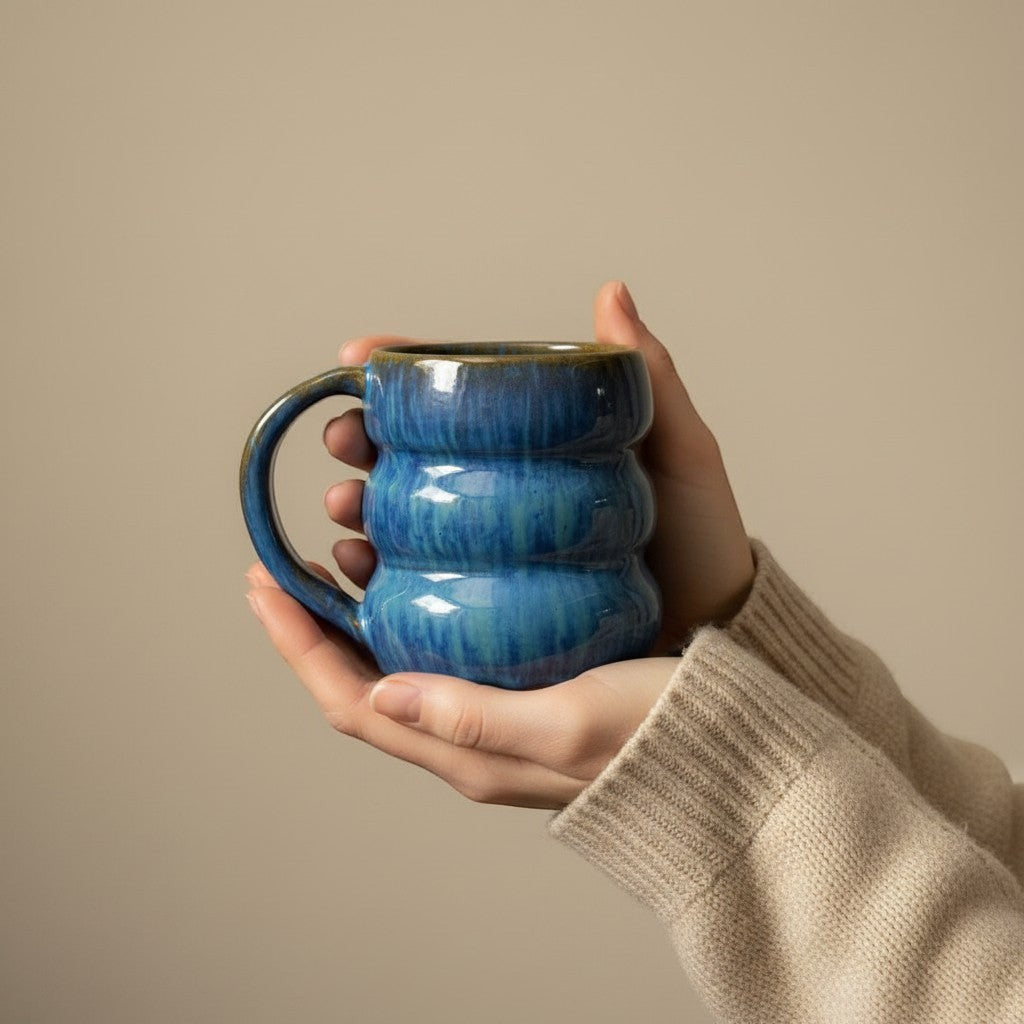 Eternal Pottery textured ocean triple bubble mug with handle, held in hands.