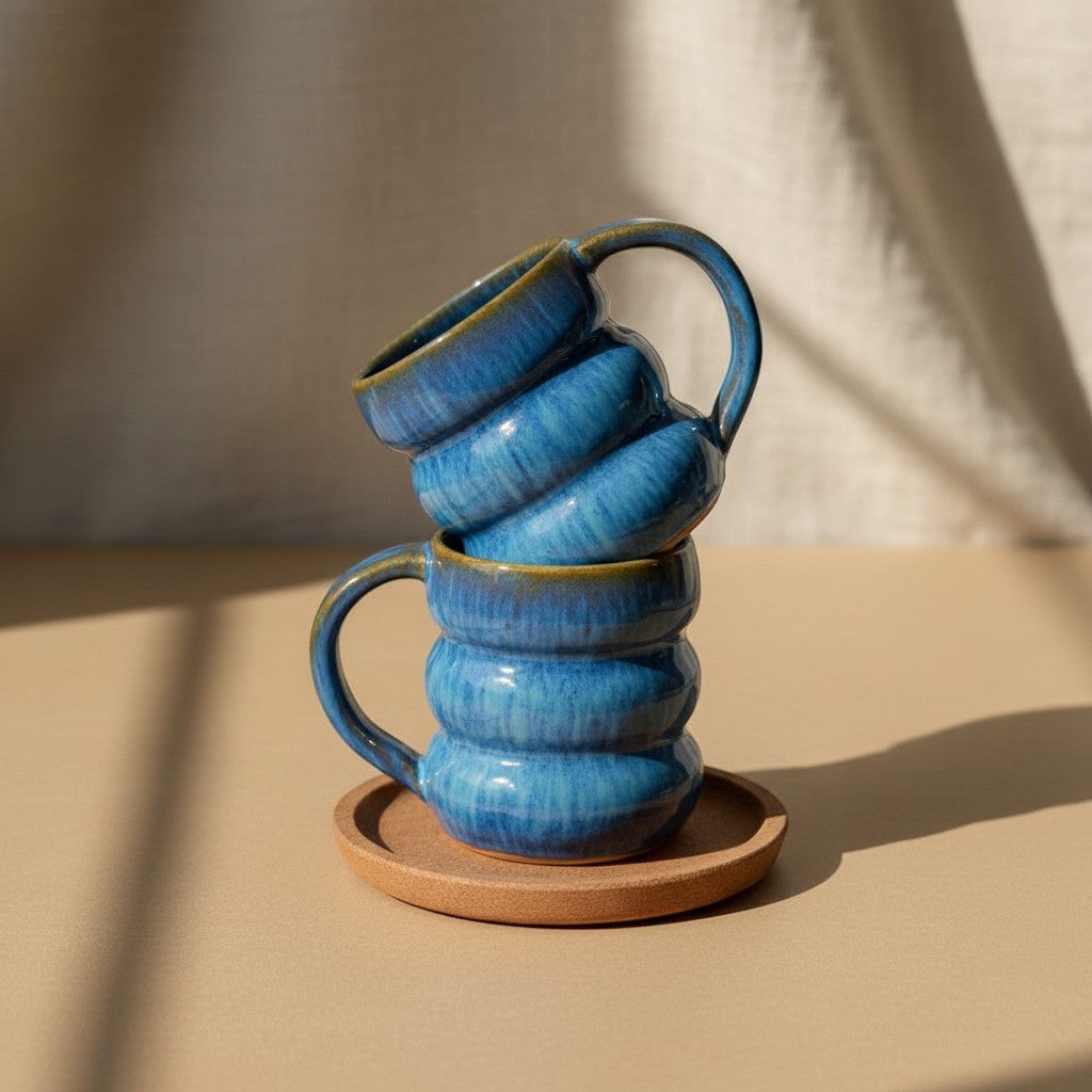 Two stacked textured ocean triple bubble mugs with handles, resting on a wooden coaster. Eternal Pottery.