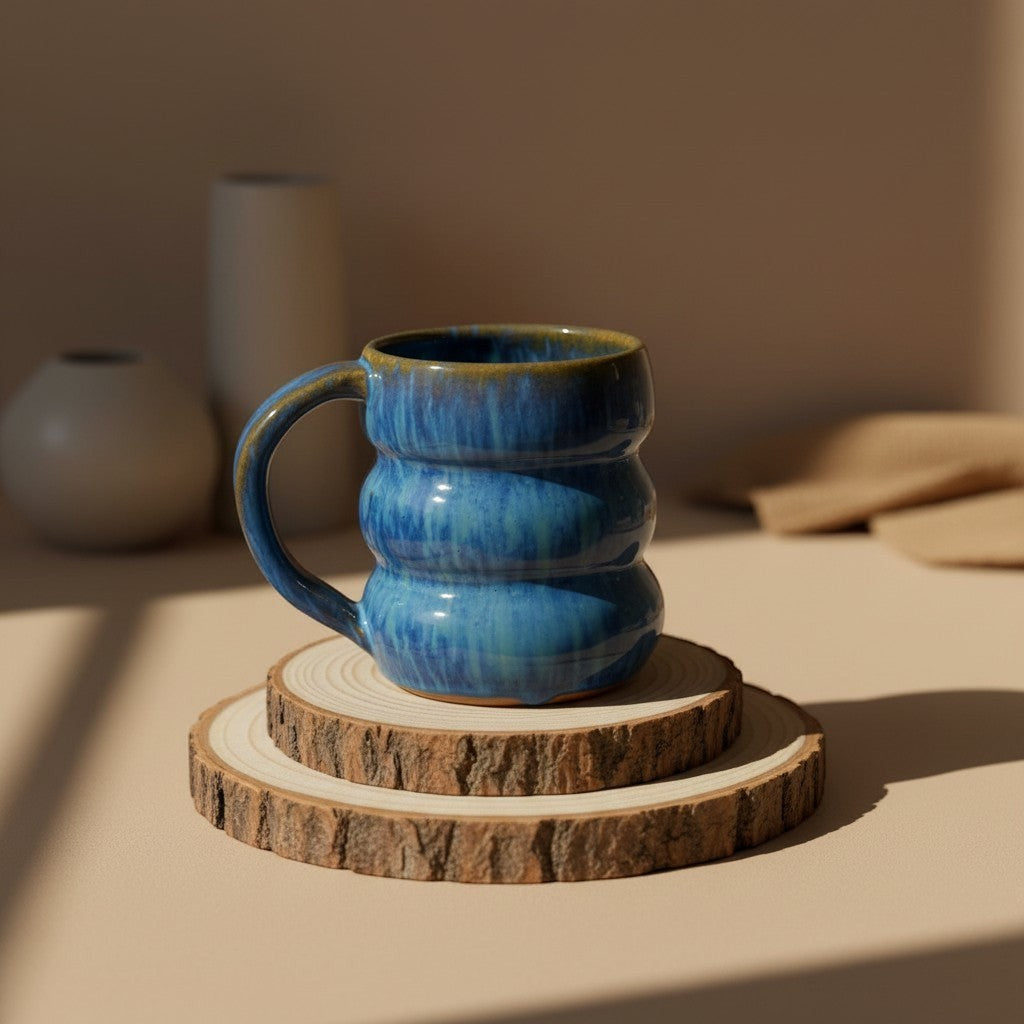 Eternal Pottery textured ocean triple bubble mug with handle, rustic glaze, perfect for coffee or tea resting on double-layered wooden coaster.