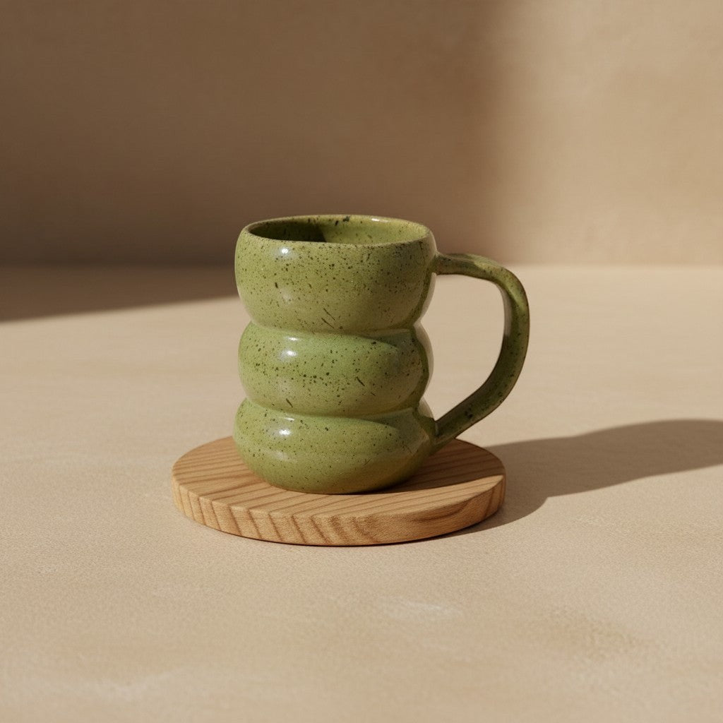 Eternal Pottery textured olive core triple bubble mug with handle on a wooden coaster.