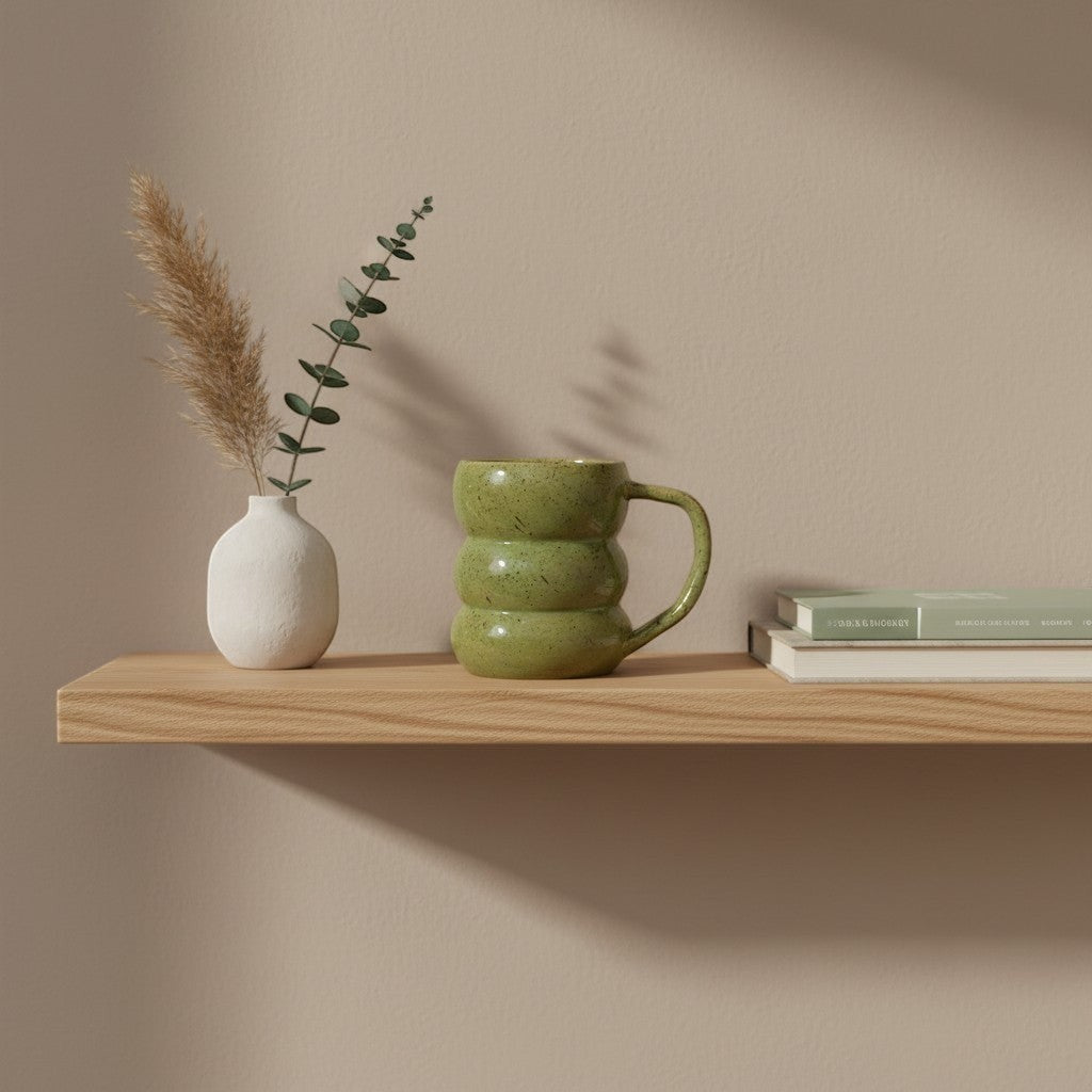 Eternal Pottery textured olive core triple bubble mug with handle on a wooden shelf.
