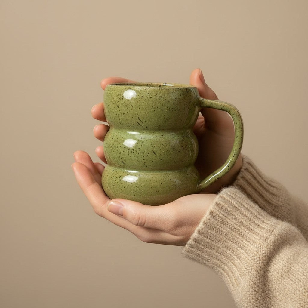 Eternal Pottery textured olive core triple bubble mug with handle, held in hands.