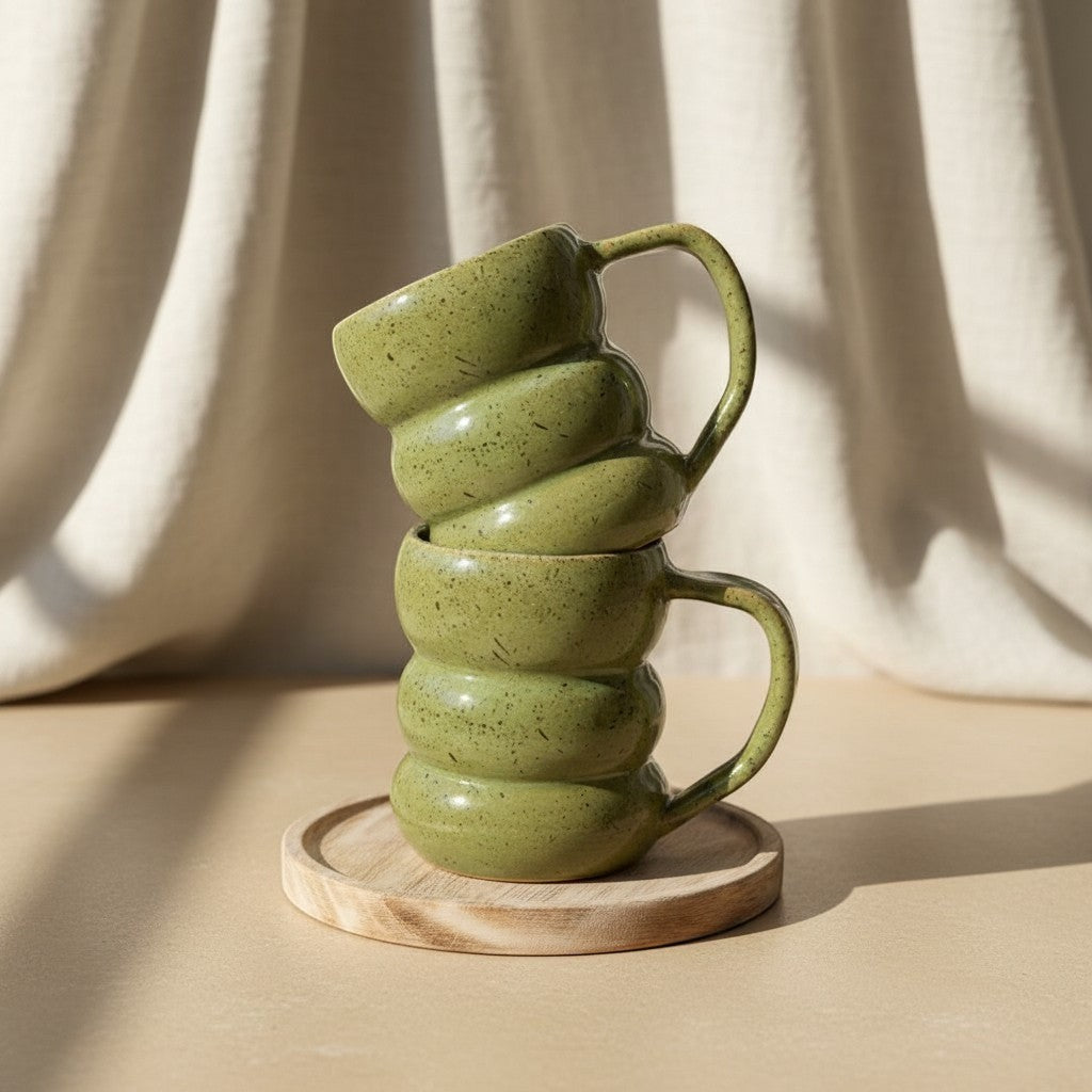 Two stacked textured olive core triple bubble mugs with handles, resting on a wooden coaster. Eternal Pottery.