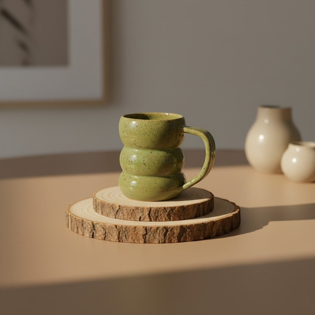 Eternal Pottery textured olive core triple bubble mug with handle, rustic glaze, perfect for coffee or tea resting on double-layered wooden coaster.