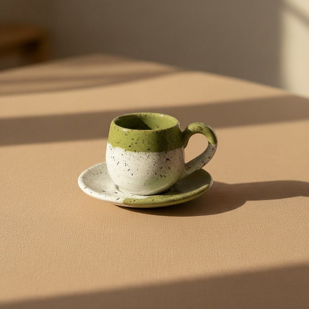 Eternal Pottery handcrafted ceramic espresso cup and saucer set, two-tone white and green with speckles.