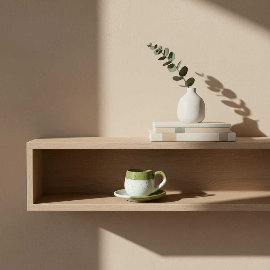 Eternal Pottery two-tone green and white speckled ceramic espresso cup and saucer set on a wooden shelf.