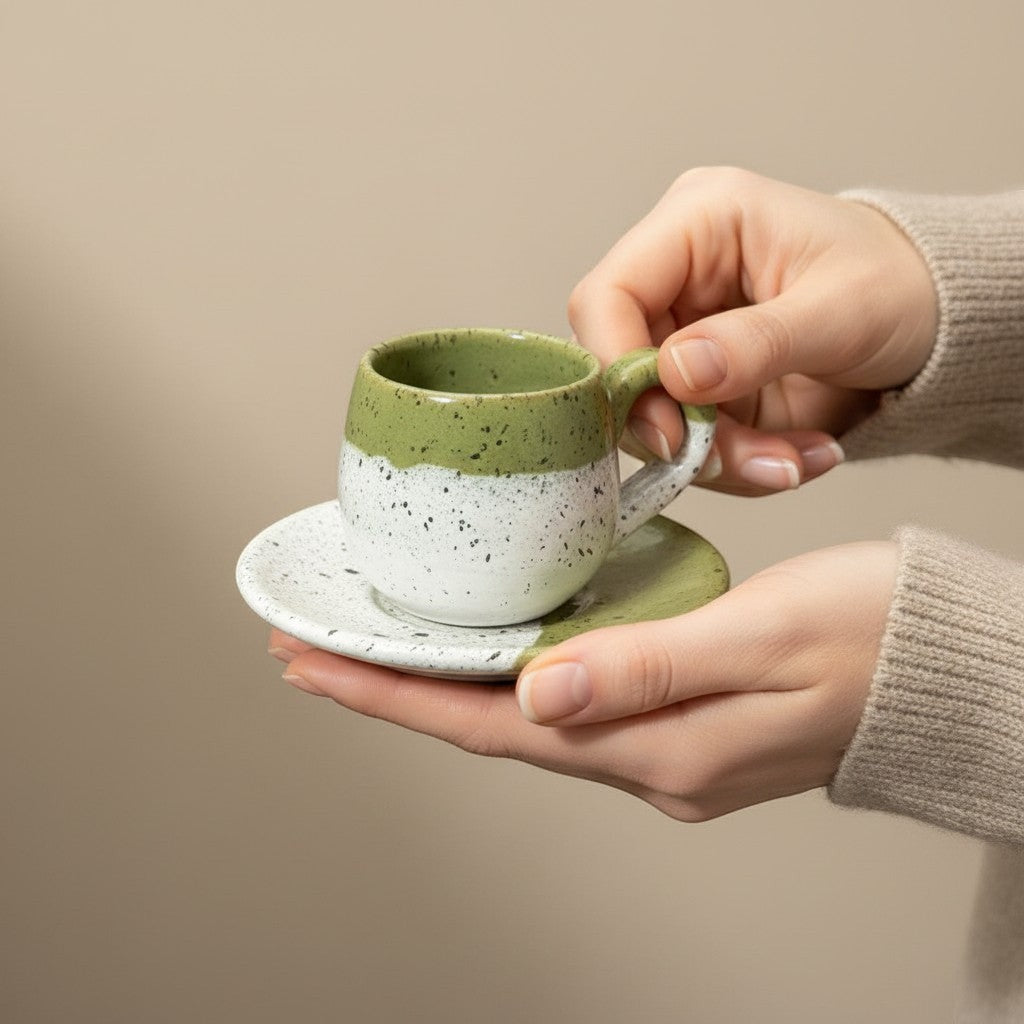 Eternal Pottery two-tone white and green speckled ceramic espresso cup and saucer set held by hands.