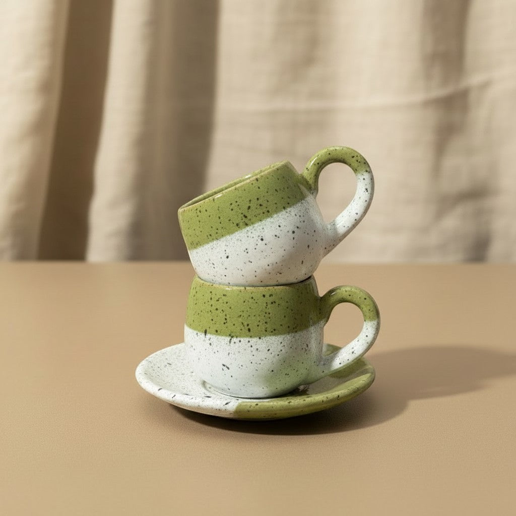 Eternal Pottery handcrafted ceramic espresso cup and saucer set, two-tone white and green with speckles.