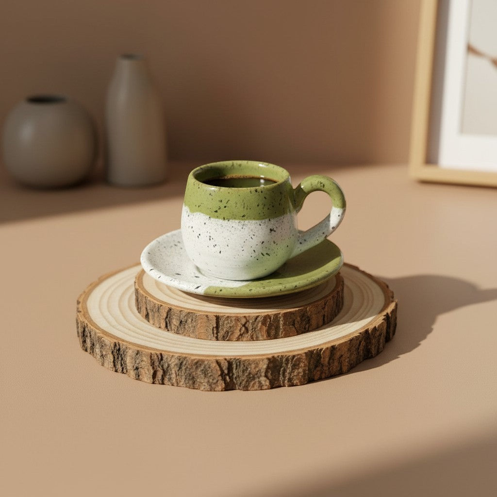 Eternal Pottery handcrafted ceramic espresso cup and saucer set, white and green with speckles.