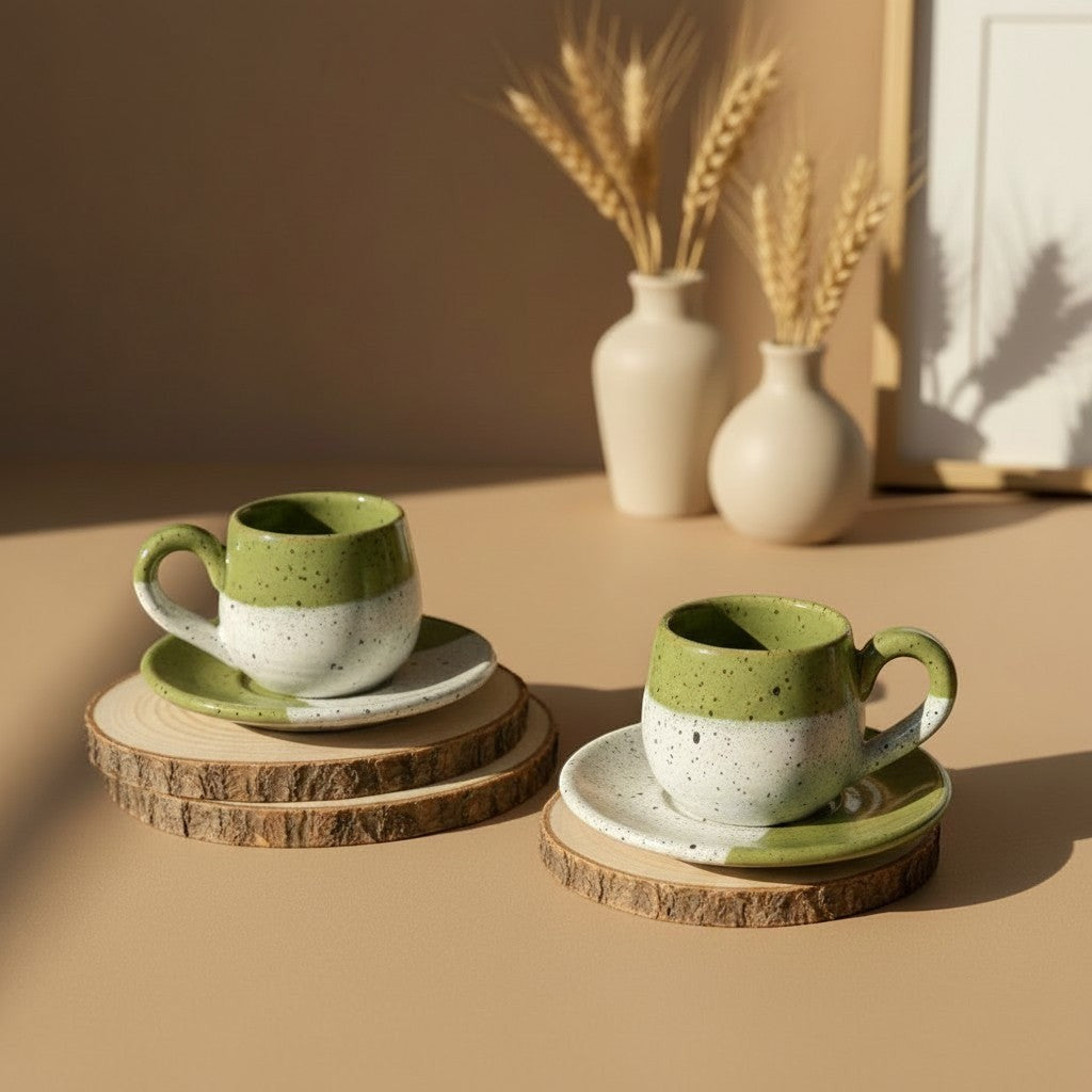 Eternal Pottery two-tone green and white speckled ceramic espresso cup and saucer set on wooden coasters.