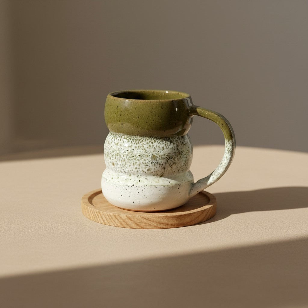 Eternal Pottery textured olive mist triple bubble mug with handle on a wooden coaster.