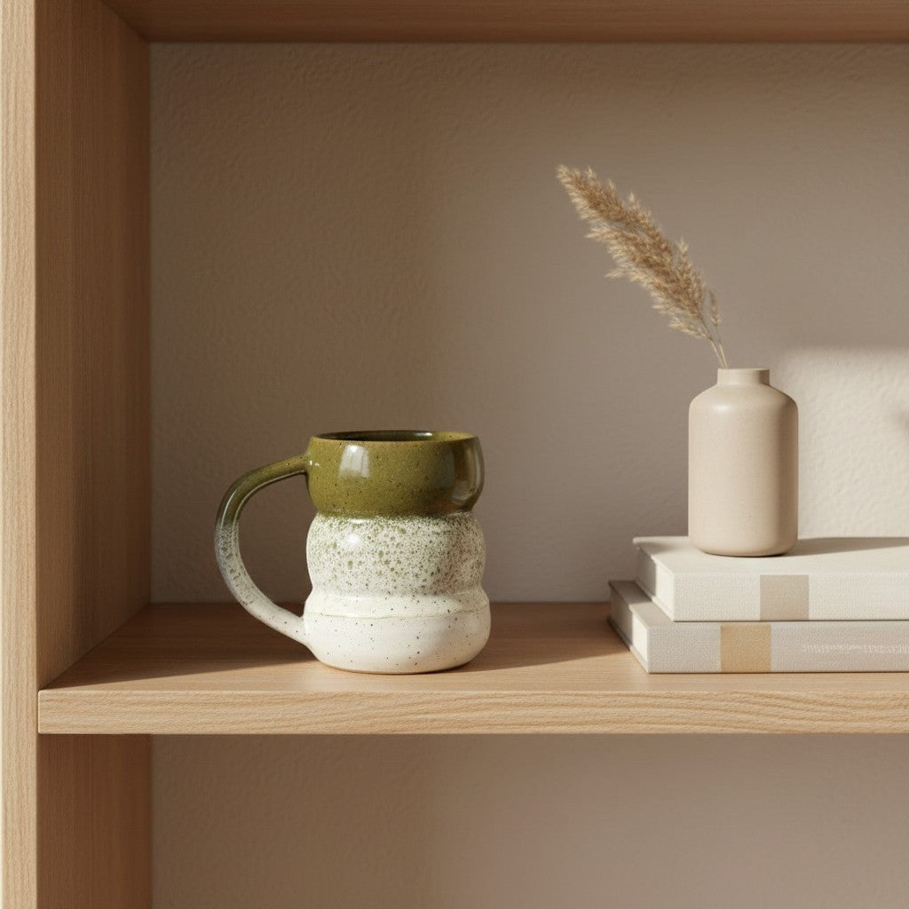 Eternal Pottery textured olive mist triple bubble mug with handle on a wooden shelf.