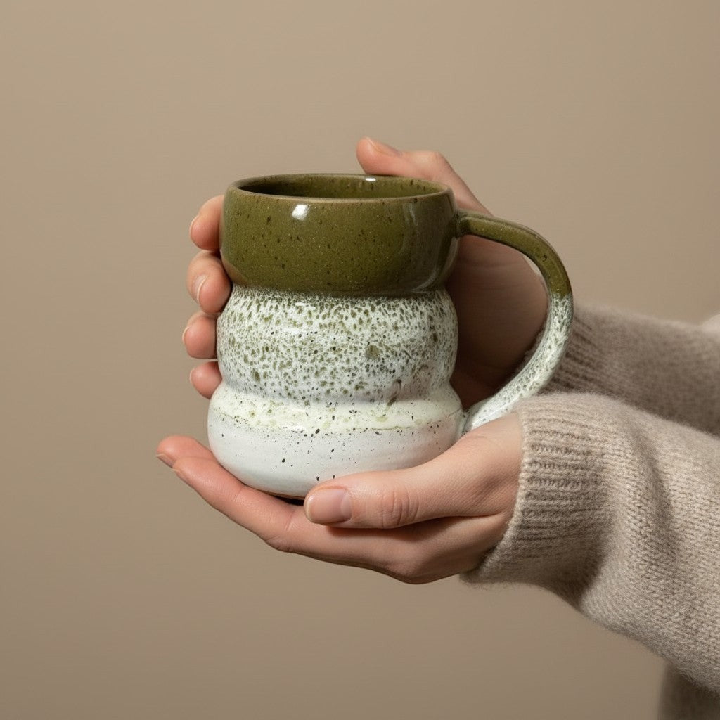 Eternal Pottery textured olive mist triple bubble mug with handle, held in hands.