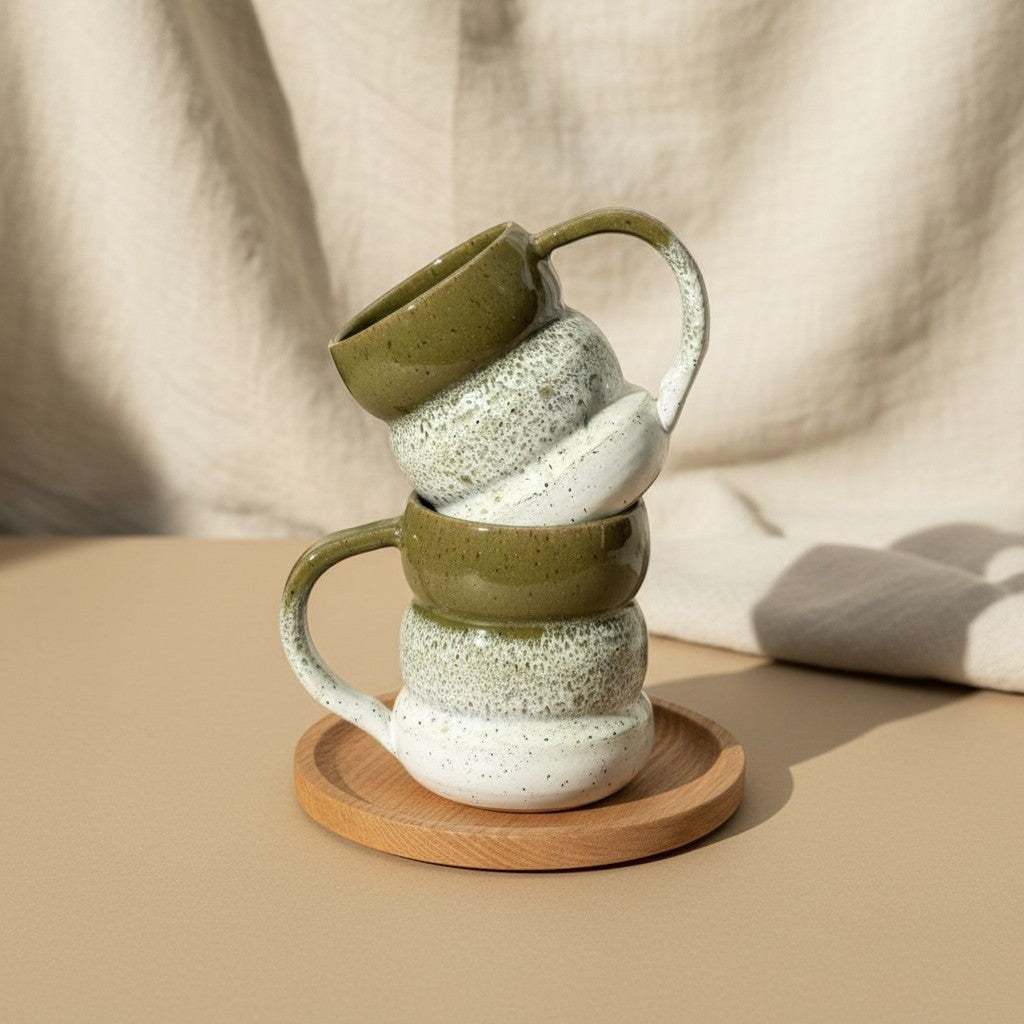 Two stacked textured olive mist triple bubble mugs with handles, resting on a wooden coaster. Eternal Pottery.