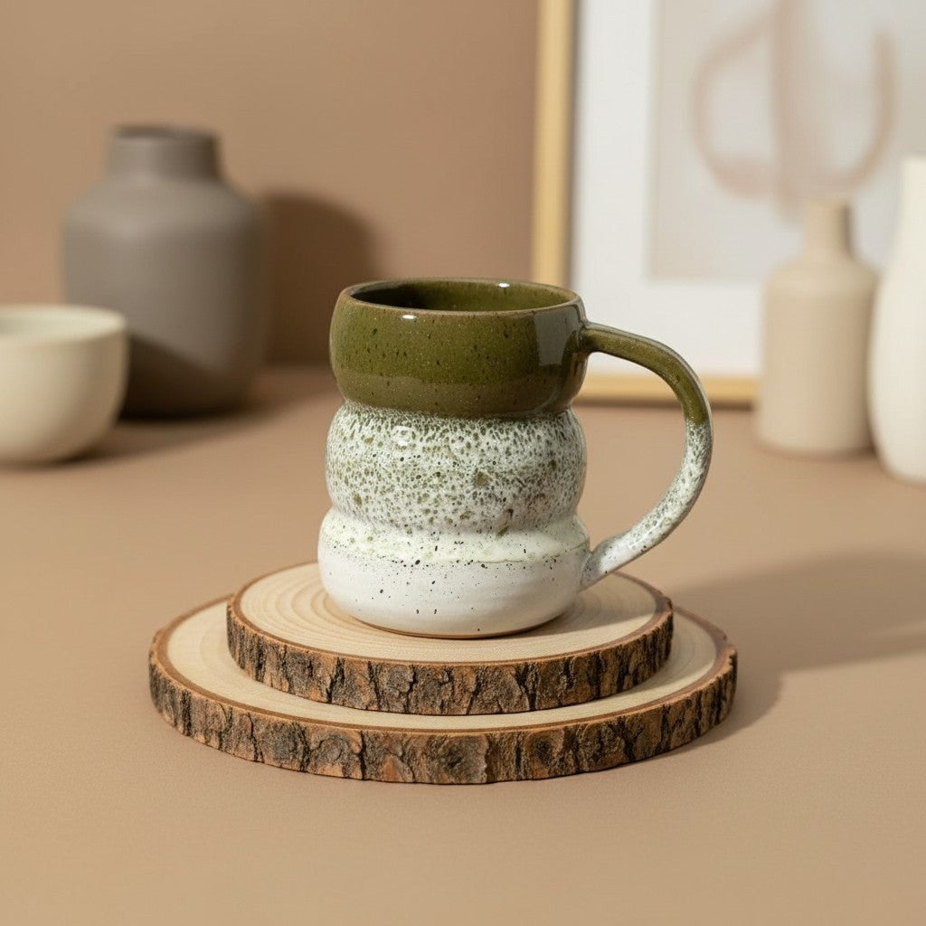 Eternal Pottery textured olive mist triple bubble mug with handle, rustic glaze, perfect for coffee or tea resting on double-layered wooden coaster.