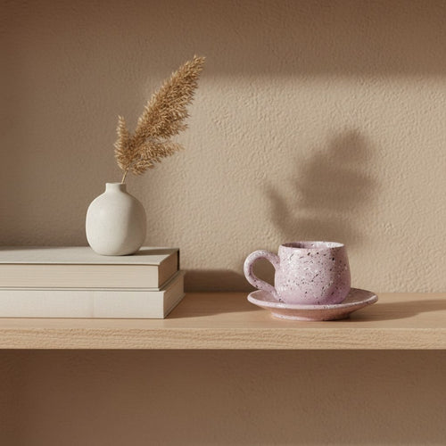Eternal Pottery pink speckled ceramic espresso cup and saucer set, perfect for a morning ritual.