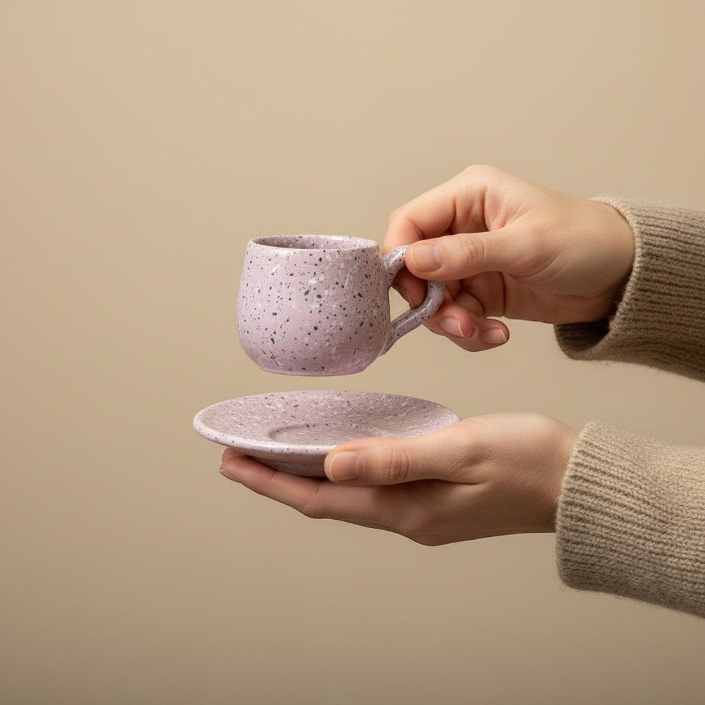 Eternal Pottery pink speckled ceramic espresso cup and saucer set held by hands.