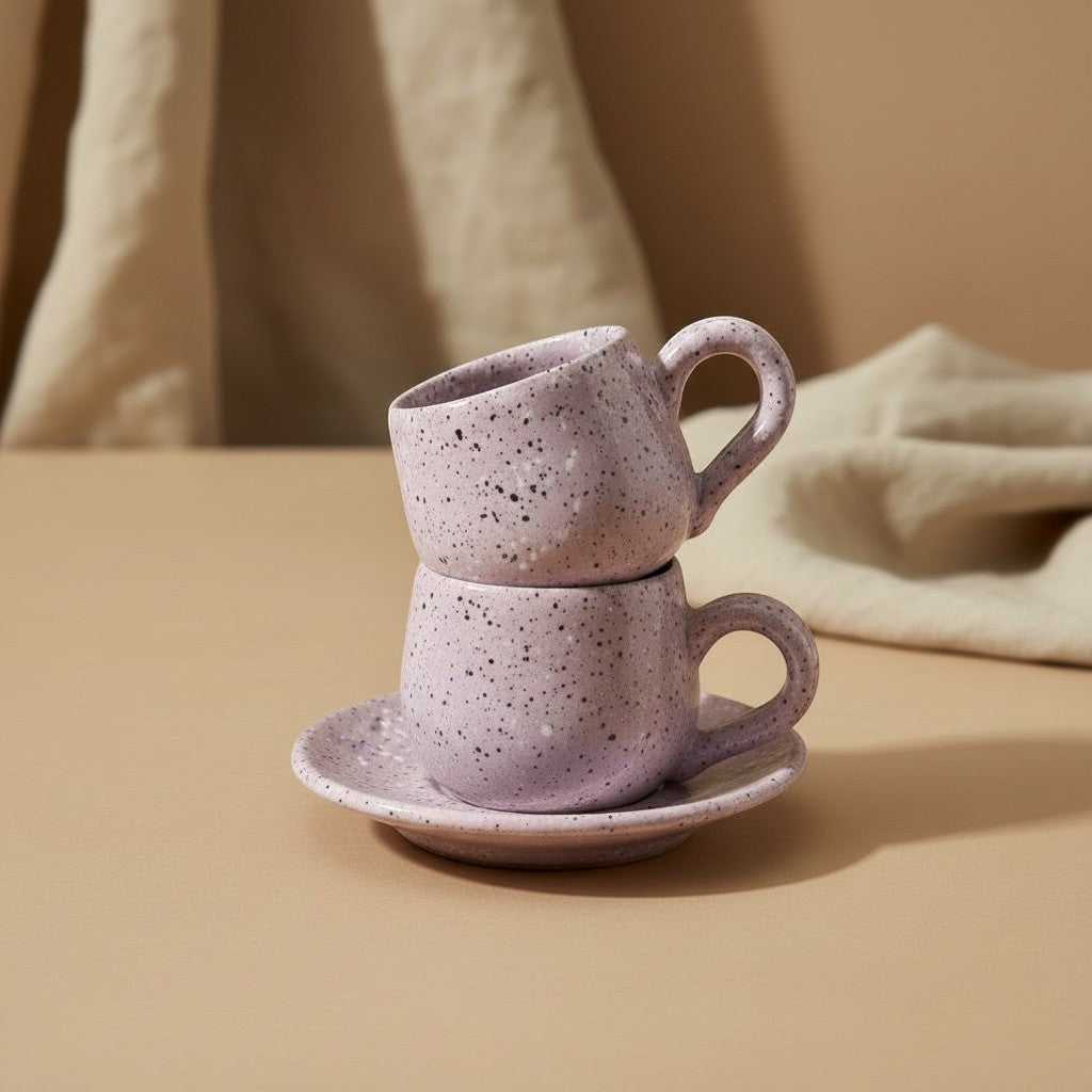 Eternal Pottery pink speckled ceramic espresso cup and saucer set, perfect for a rich espresso shot.