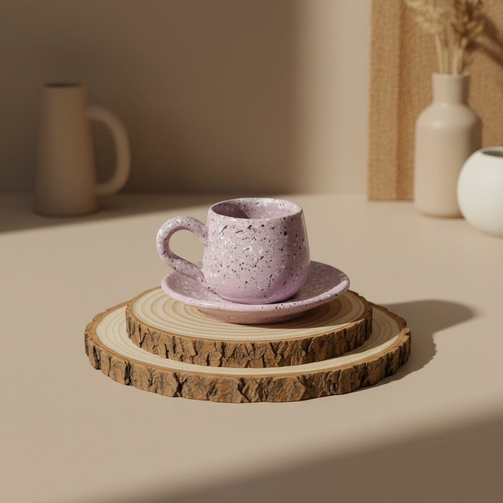 Eternal Pottery pink speckled ceramic espresso cup and saucer set on wood slices.