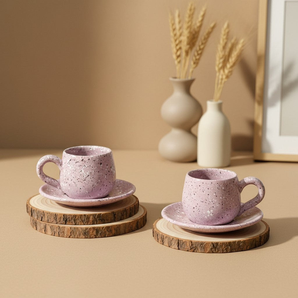 Eternal Pottery pink speckled ceramic espresso cup and saucer set, perfect for a rich espresso shot.