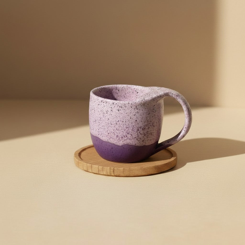 Eternal Pottery textured pink sand mermaid mug with handle on a wooden coaster.