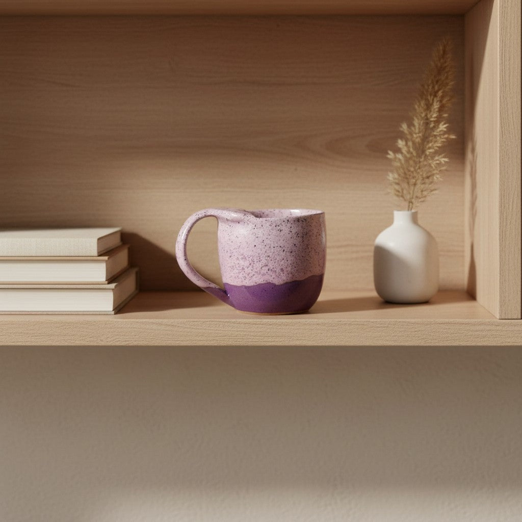Eternal Pottery textured pink sand mermaid mug with handle on a wooden shelf.