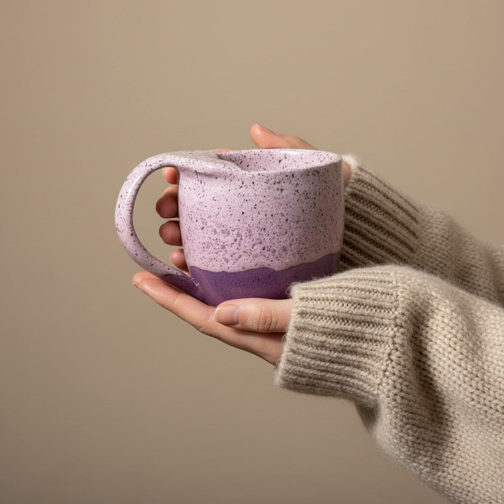 Eternal Pottery textured pink sand mermaid mug with handle, held in hands.