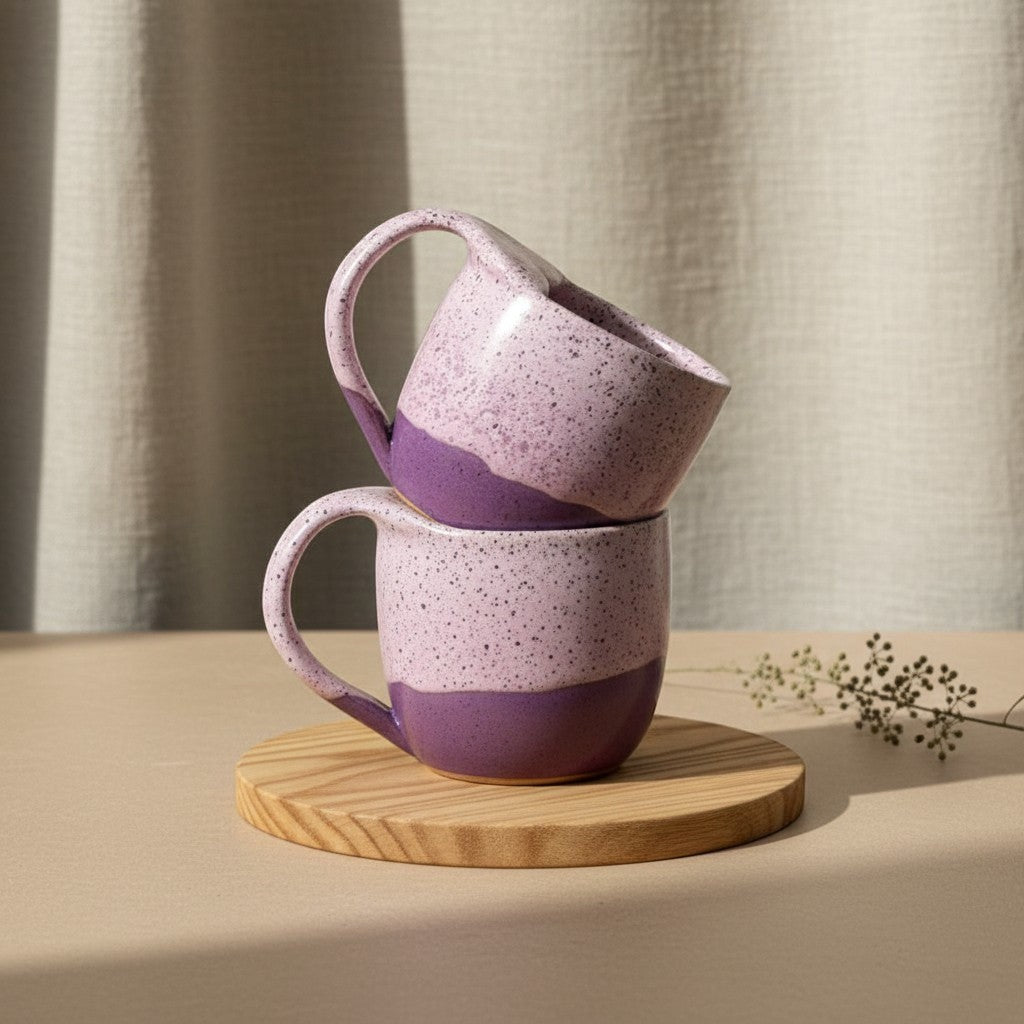 Two stacked textured pink sand mermaid mugs with handles, resting on a wooden coaster. Eternal Pottery.