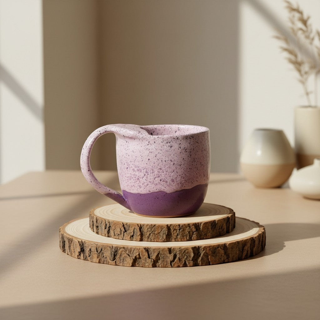 Eternal Pottery textured pink sand mermaid mug with handle, rustic glaze, perfect for coffee or tea resting on double-layered wooden coaster.