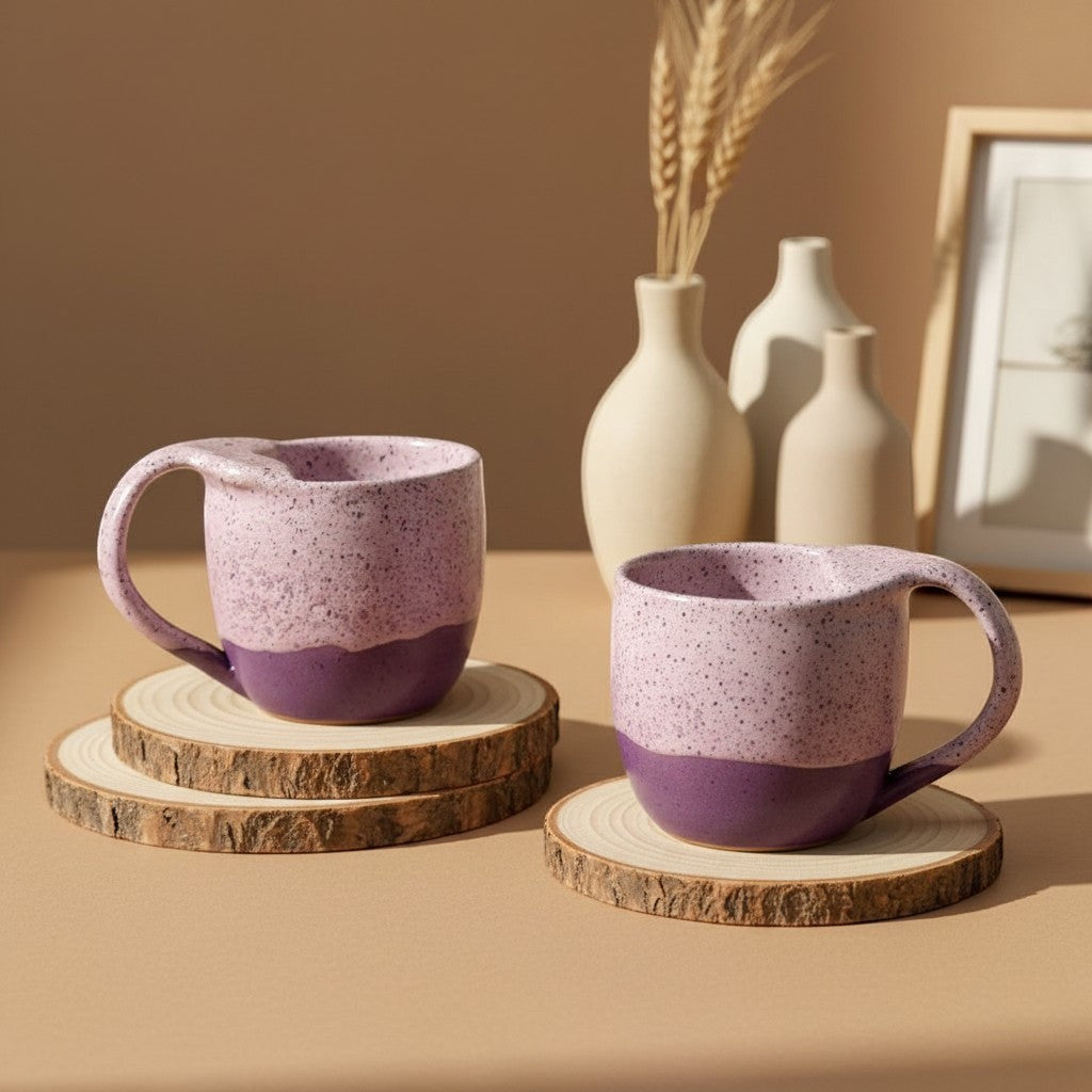 Two textured pink sand mermaid mugs with handles resting on wooden coasters, rustic design. Eternal Pottery.