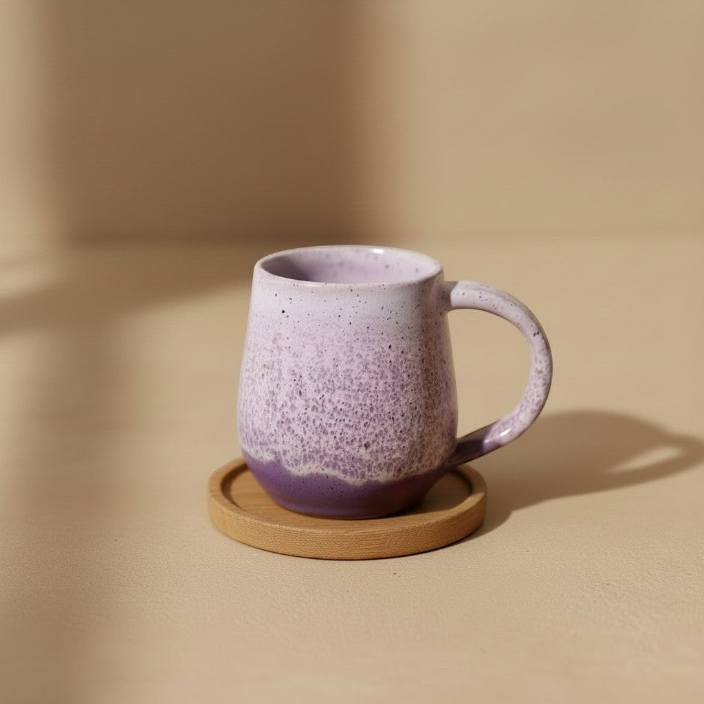Eternal Pottery pink sand round mug resting on wooden coaster.