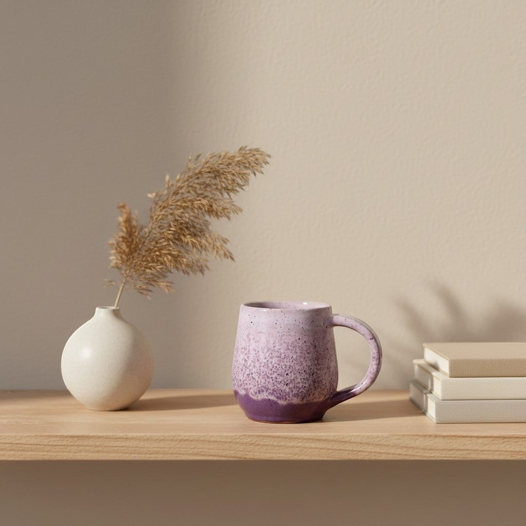 Eternal Pottery pink sand round mug sitting on wooden shelf.
