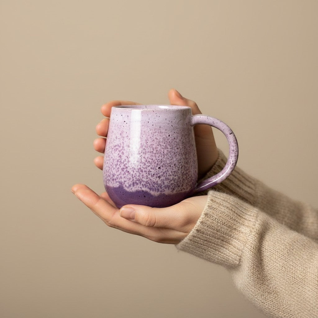 Eternal Pottery pink sand round mug with handle, held in hands.
