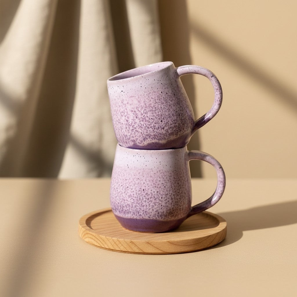 Two stacked pink sand round mugs  resting on a wooden coaster.