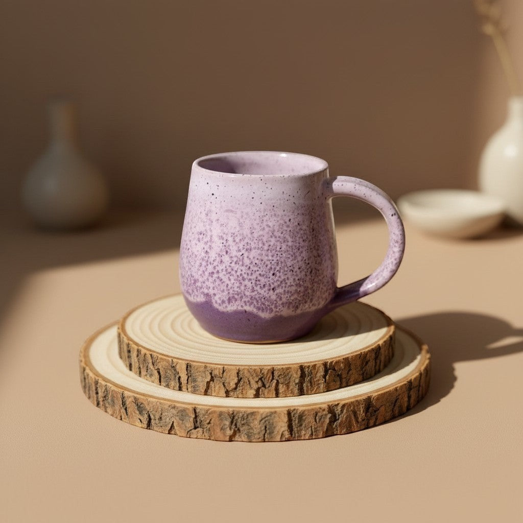 Eternal Pottery pink sand round mug  resting on double-layered wooden coaster.