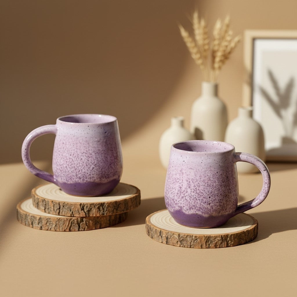 Two pink sand round mugs resting on wooden coasters.