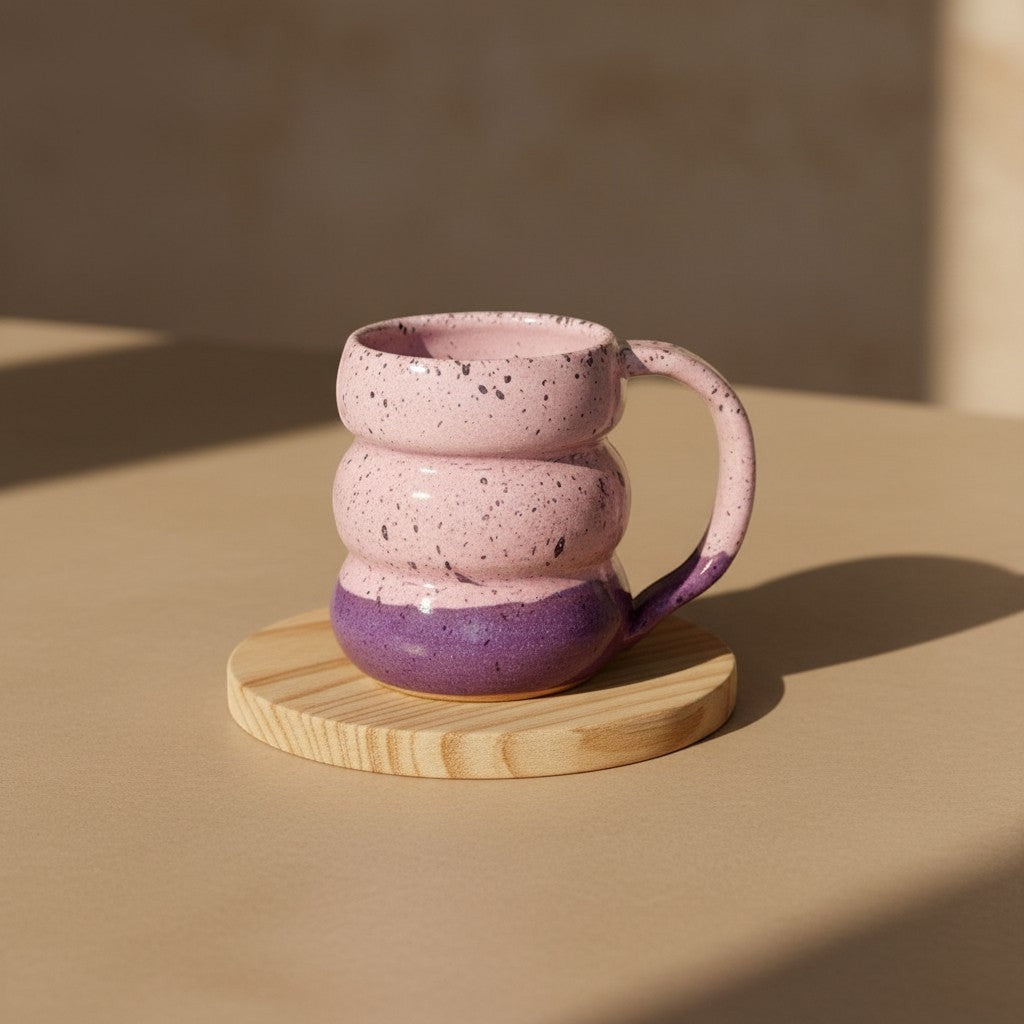Eternal Pottery textured pink sand triple bubble mug with handle on a wooden coaster.