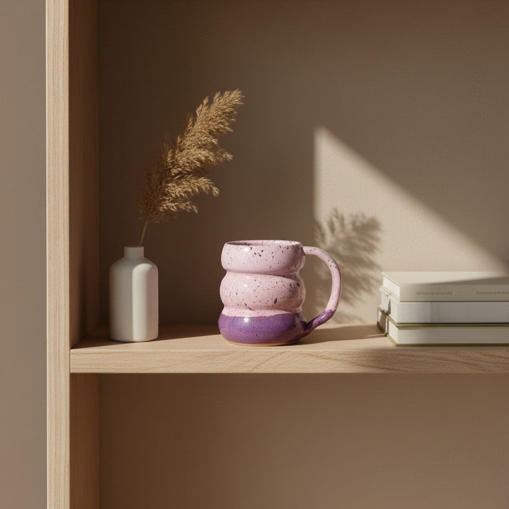 Eternal Pottery textured pink sand triple bubble mug with handle on a wooden shelf.