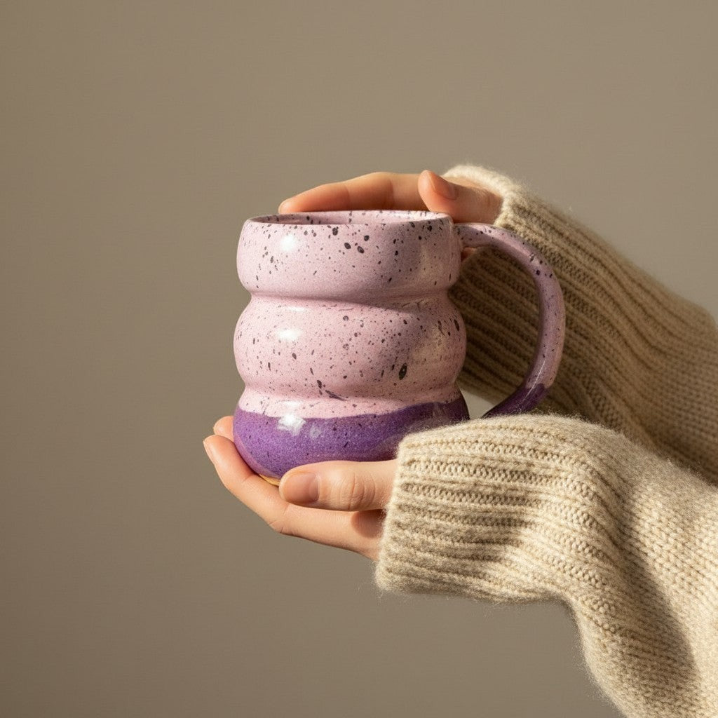 Eternal Pottery textured pink sand triple bubble mug with handle, held in hands.