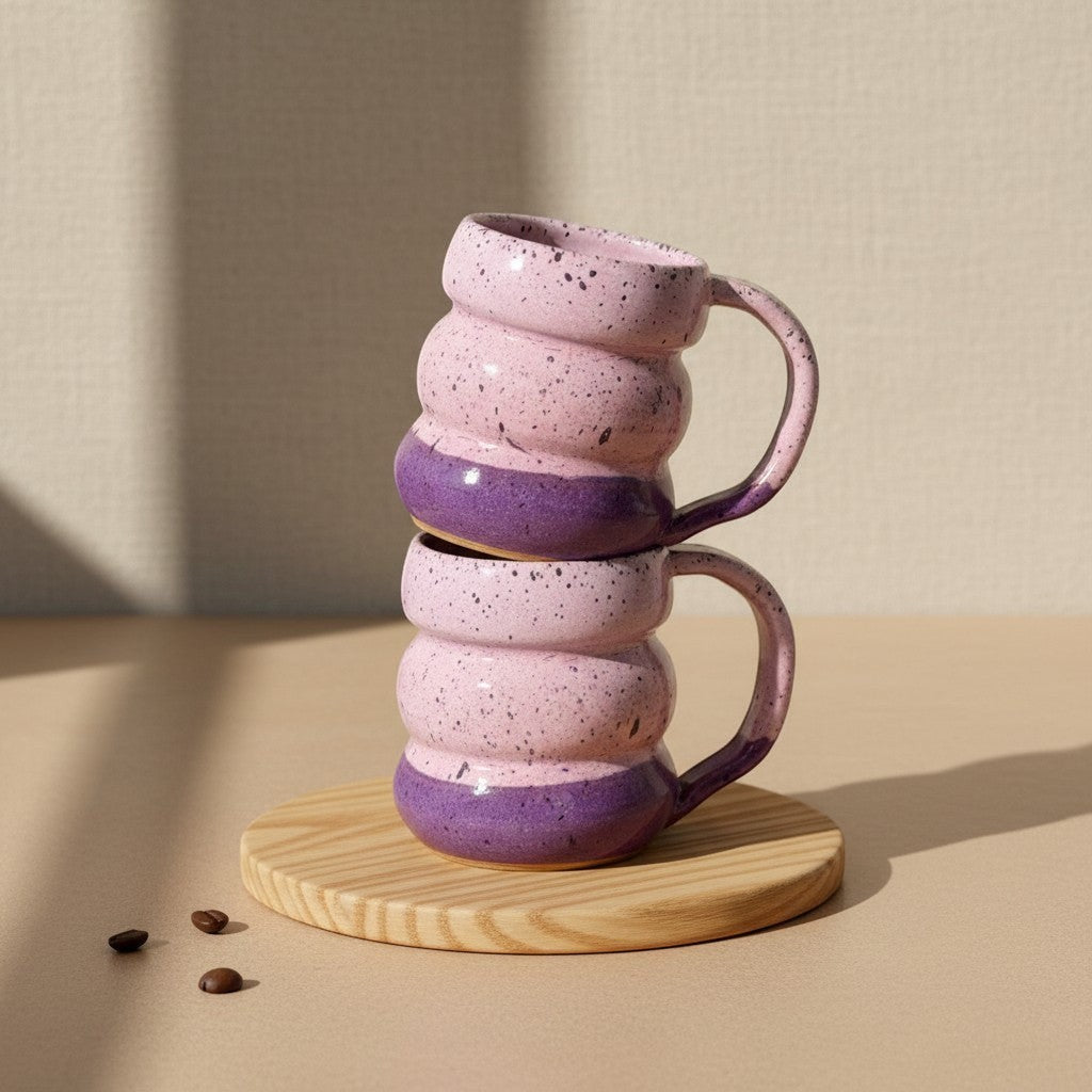 Two stacked textured pink sand triple bubble mugs with handles, resting on a wooden coaster. Eternal Pottery.