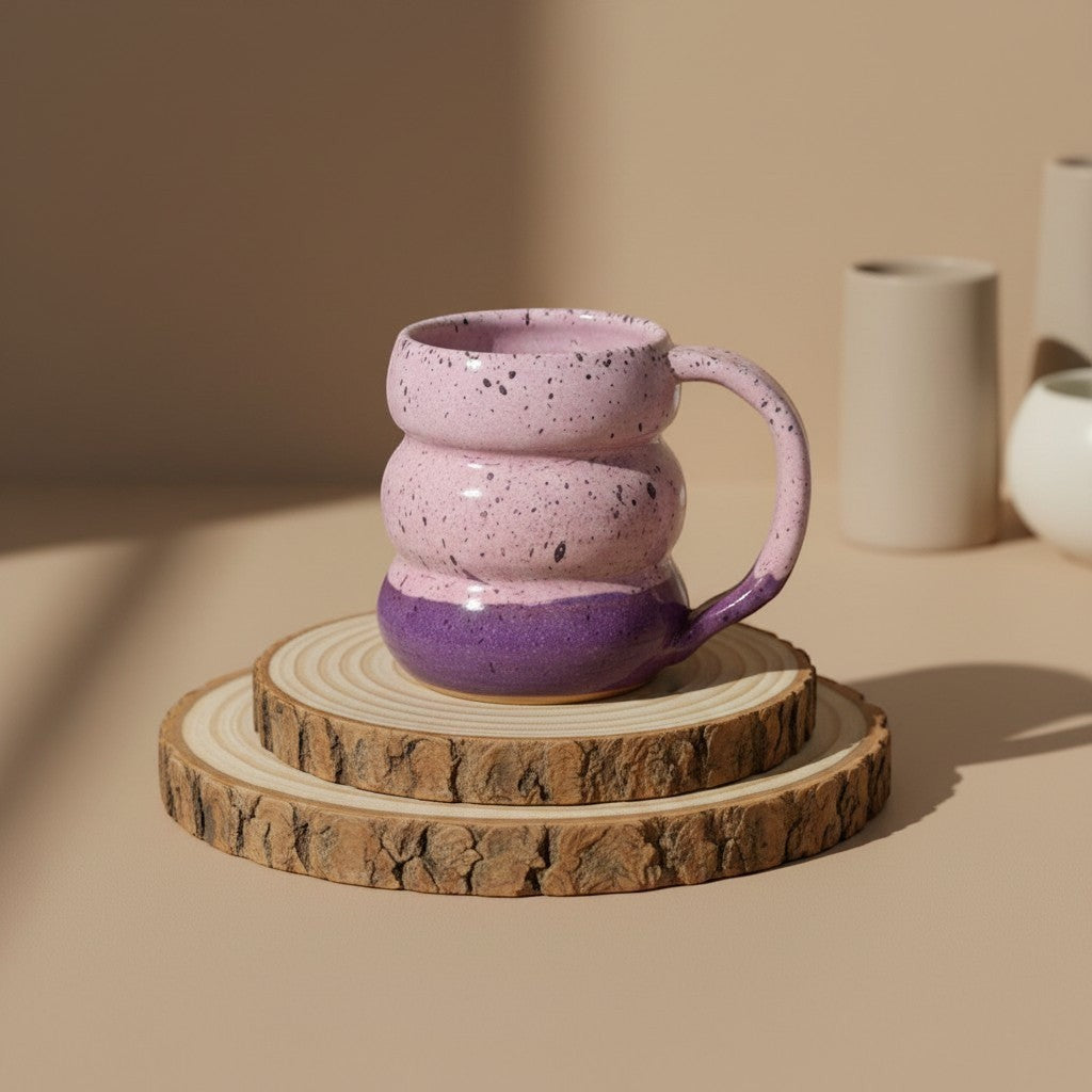 Eternal Pottery textured pink sand triple bubble mug with handle, rustic glaze, perfect for coffee or tea resting on double-layered wooden coaster.
