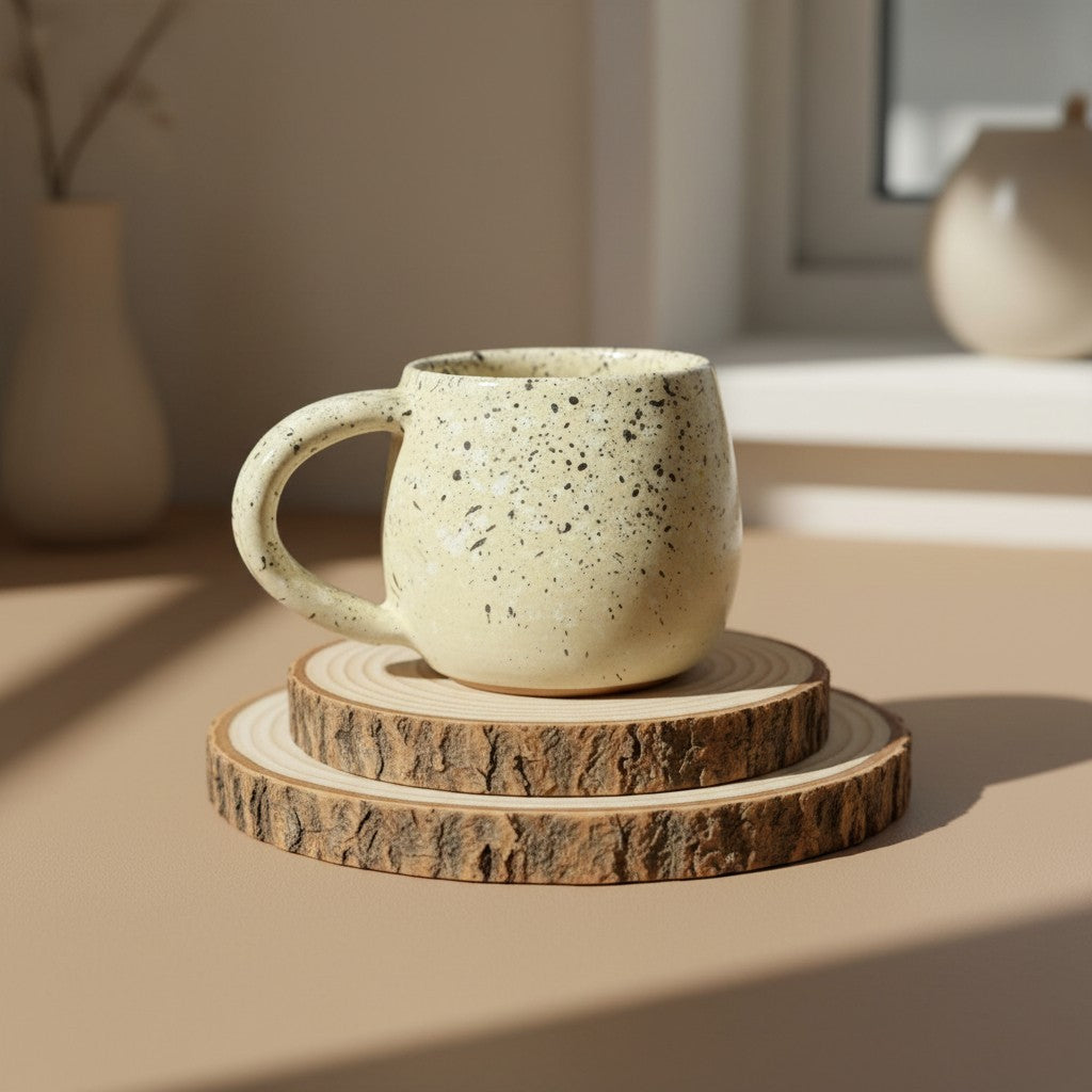 Eternal Pottery speckled cream ceramic mug with handle, perfect for coffee or tea.