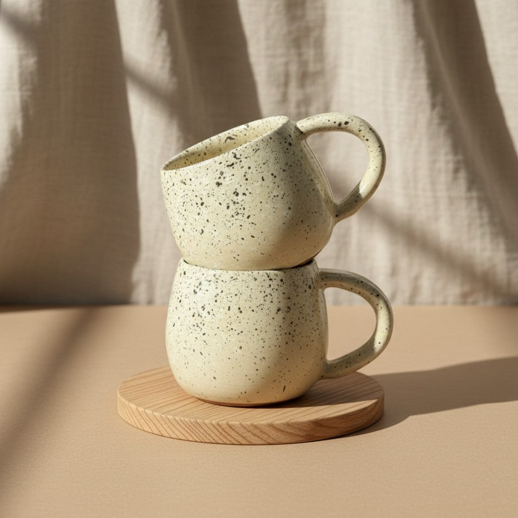 Eternal Pottery speckled cream ceramic mug with rounded handle, stacked on a wooden coaster.
