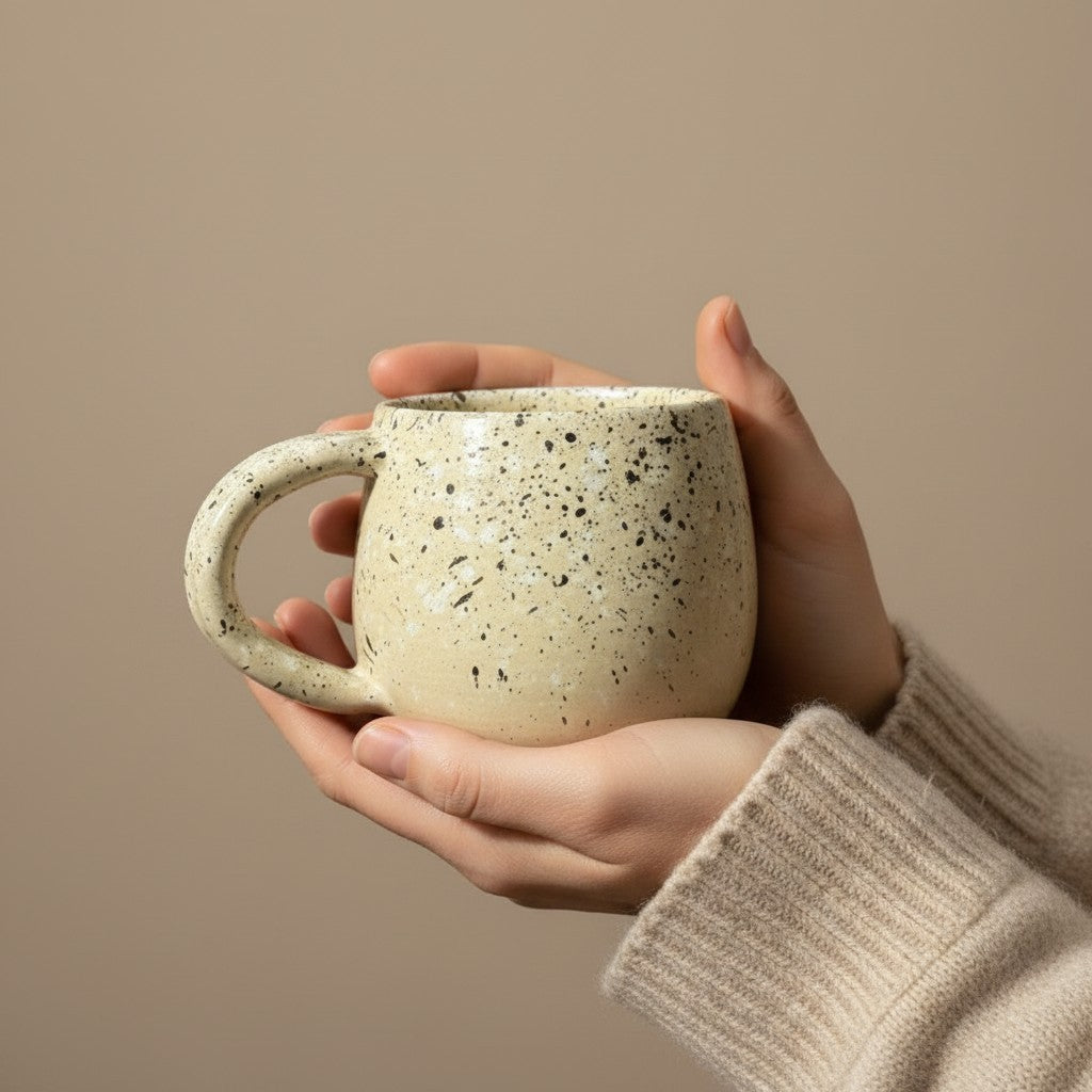 Eternal Pottery speckled cream ceramic mug with a rounded handle, held by hands wearing a beige sweater.