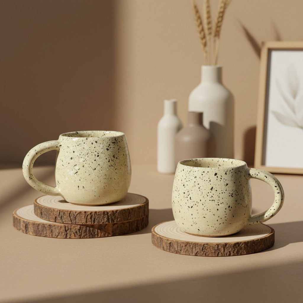 Eternal Pottery speckled cream ceramic mug with handle, perfect for coffee or tea.