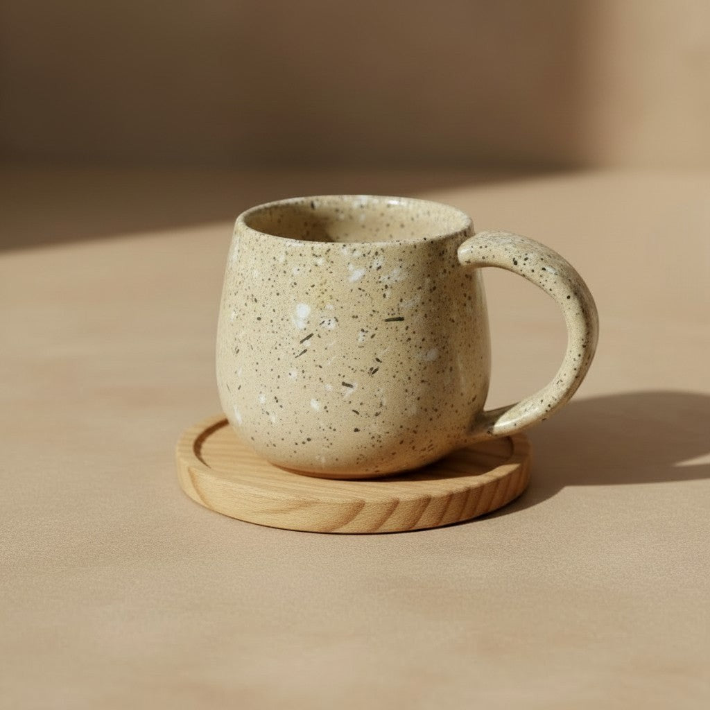 Eternal Pottery toasted sand round mug resting on wooden coaster.