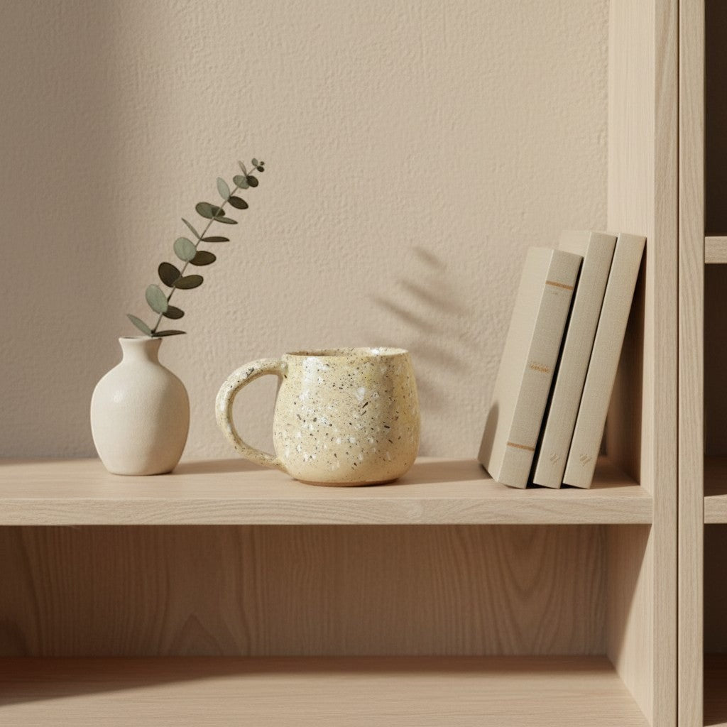Eternal Pottery toasted sand round mug sitting on wooden shelf.